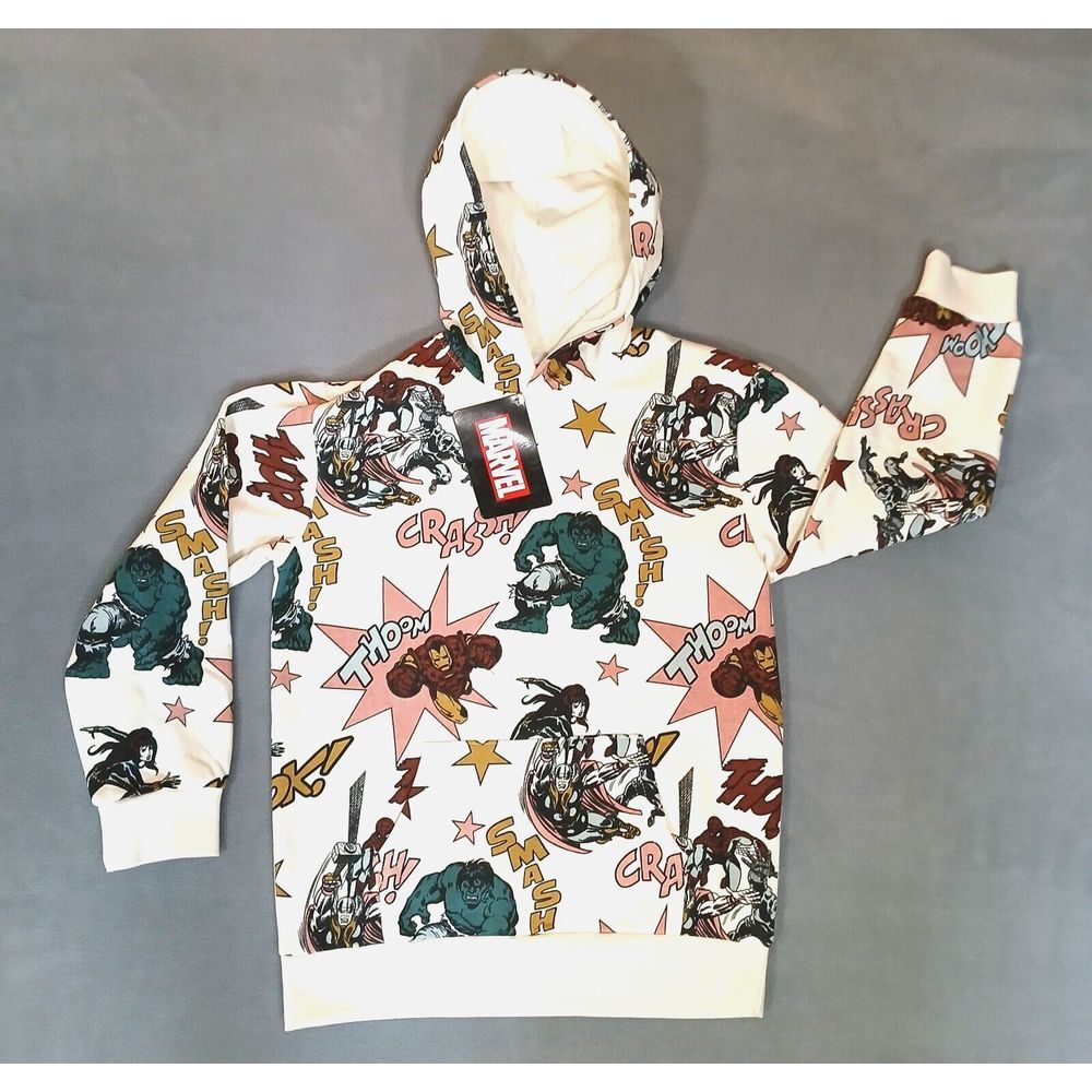 Marvel Avengers All Over Print Hoodie Boys Small 10 Comic Book Graphic White